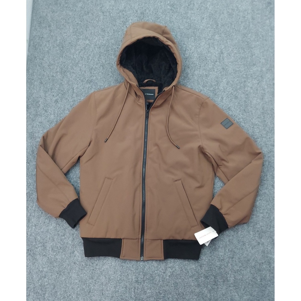 Lucky Brand Jacket Mens Small Mocha Brown Full Zip Hooded Faux Fur Lined Bomber
